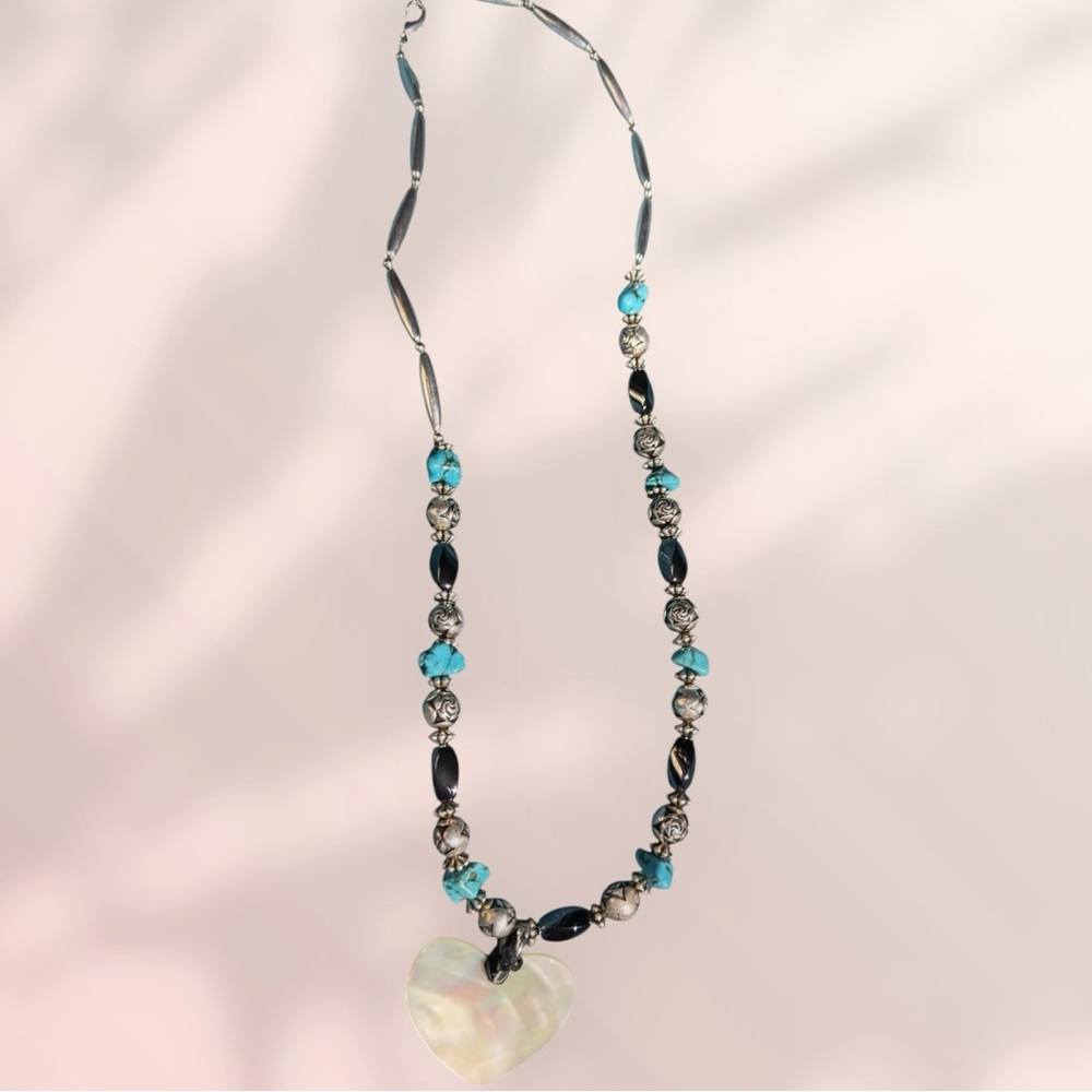 Hand Crafted Turquoise & Black Beaded Heart Pendant Necklace obo